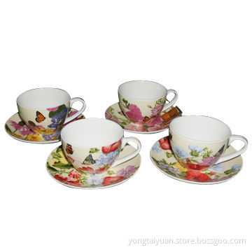 Four Tea/Coffee Cup and Saucer Set for Promotions, in Printing Gift Box, with Flower and Butterfly
